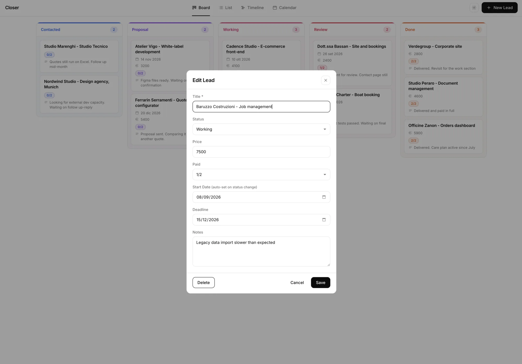 Vista kanban della pipeline con lead per stato